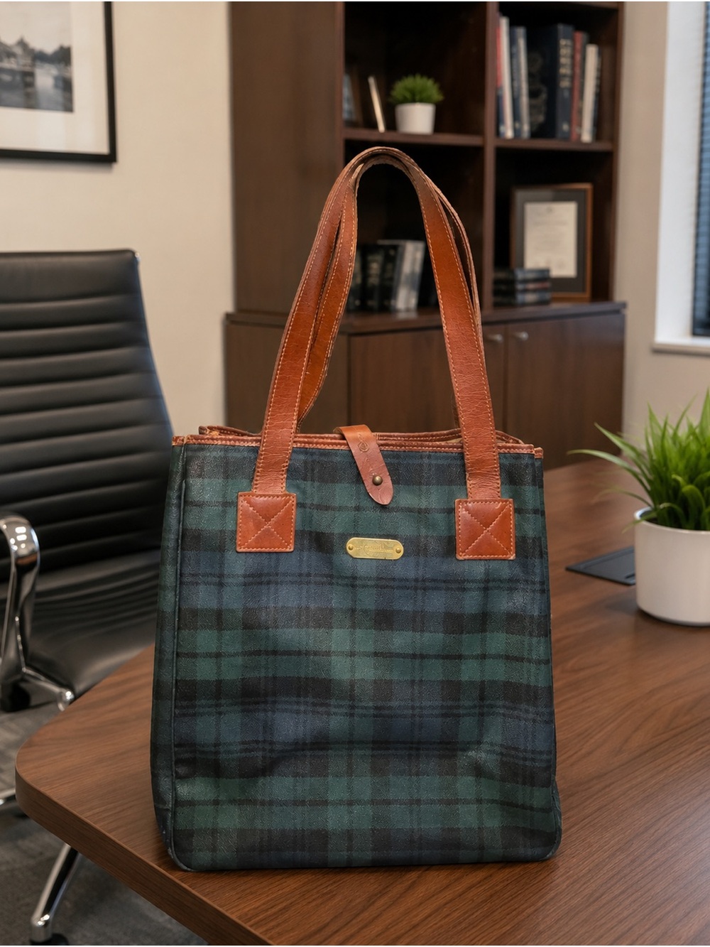 Polo by Ralph Lauren Blackwatch Plaid Tote Bag with Brown Leather Trim